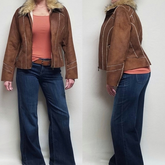 VINTAGE 90s Toffee Faux Suede Faux Fur Zip-Sleeve Full-zip Fleece Lined Jacket - Picture 1 of 13